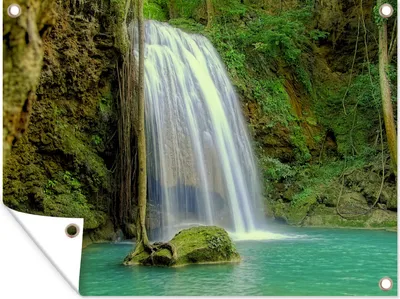 Produktbild von MuchoWow® 80x60 cm Outdoor-Poster Gartendeko Sichtschutz Garten Poster für den Garten  Ein Wasserfall an einem See im Erawan-Nationalpark, Thailand