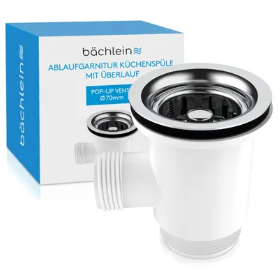 Produktbild von Bächlein Ablaufgarnitur Pop Up für die Spüle 70mm Pop Up für Küchenspüle mit Überlauf Spülenablauf Edelstahl poliert Siebkorbventil Siebkorb Körbchenventil