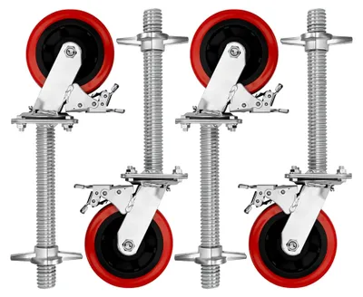 Produktbild von 6 Zoll Gerüstrollen Set (4 Stück) mit Stahlspindel, Gerüsträder 150 mm, Gerüstspindel Ø 30 mm, Lenkrolle 500 kg für Rollgerüst