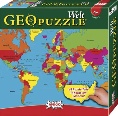 The image shows the front and side of a GeoPuzzle Welt box, which is a world map puzzle for children. A child's hand is visible holding a puzzle piece shaped like the USA.