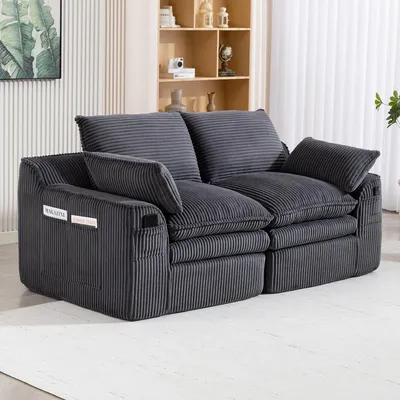 Produktbild von STILVORA Modulares Cordsofa 2-Sitzer mit 3-lagigem Schaumstoff und Federkern und Kissen und 2 Seitentaschen, Kompressionssofa mit platzsparender Verpackung und ohne Montage, Zweisitzer Sofa aus Cordstoff mit weichem Bezug und komfortabler Sitzfläche für Wohnzimmer und Büro, Dunkelgrau