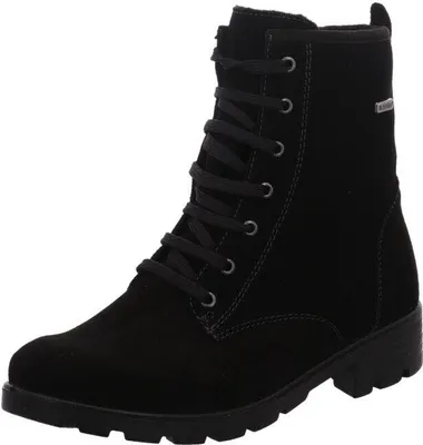 A black lace-up boot.