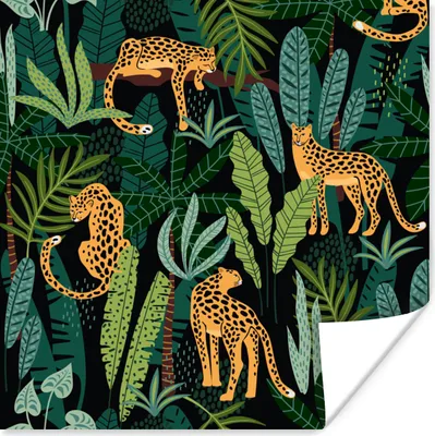 Produktbild von MuchoWow® Poster Dschungel - Panther - Muster - Jungen - Mädchen - Pflanzen 75x75 cm - Wand Dekoration