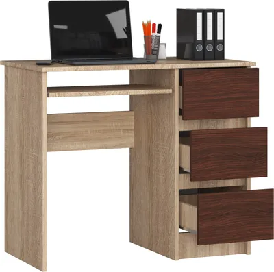 Immagine prodotto di BDW, scrivania per computer con 3 cassetti, cassetto per tastiera, 90x77x50 cm, rovere Sonoma / Venga (a destra)