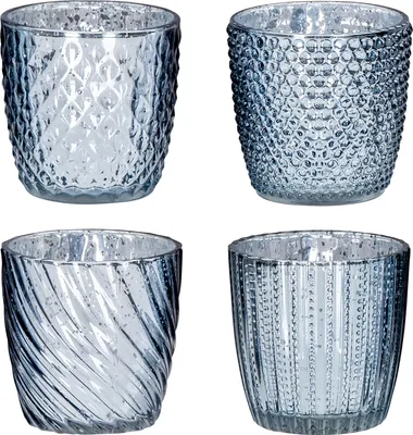 Produktbild von 4er Set Windlicht H9cm Glas Silber Teelichthalter Tischdeko Kerzen Retro Deko