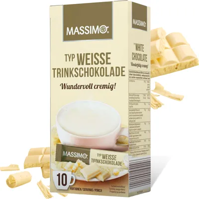 A box of white hot chocolate mix with some white chocolate bars and shavings scattered around.