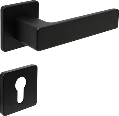 A black matte door handle set with a keyhole escutcheon plate, presented against a white background.