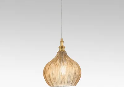 Zdjęcie produktu dla Cleofe lampa wisząca z bursztynowego szkła i mosiądzu, styl vintage, oprawa E27, IP20, Ø23 cm, żarówka niedołączona