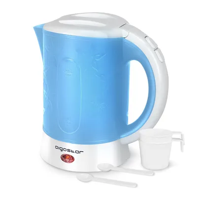 Produktbild von Aigostar - 0,6 L Reisewasserkocher, Mini Wasserkocher Klein 650W, Camping, 2 Tassen und 2 Teelöffel, Abschaltautomatik mit Trockenschutz, Blau