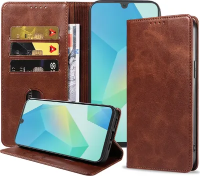 Produktbild von Smartphonica Handytasche passend für Samsung Galaxy A16 Kunstleder mit Magnetverschluss und Kartenhalter Buchhülle mit Klappe - Dunkelbraun