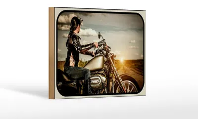 Produktbild von Holzschild Motorrad 18x12cm Frau Girl Sonnenaufgang
