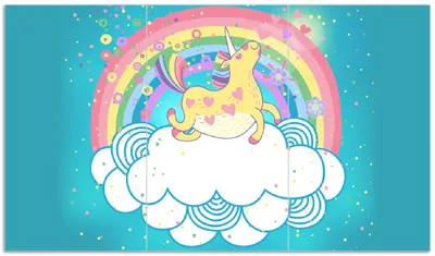 Produktbild von Wallario Herdabdeckplatte aus Glas, Größe 90 x 52 cm 3-teilig, Motiv Lustiges Einhorn auf einer Wolke vor Regenbogen