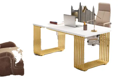 Produktbild von Bürotisch, modernes Design, stabiler Metallrahmen, Weiß und Gold