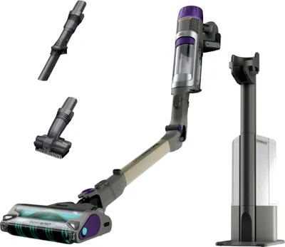 A cordless stick vacuum cleaner and its accessories are displayed against a white background.