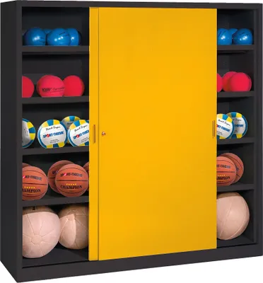Produktbild von C+P Ballschrank mit Vollblech-Schiebetüren (Typ 4), HxBxT: 195x120x40 cm, Verkehrsgelb (RAL 1023), Anthrazit (RAL 7021), Einzelschließung