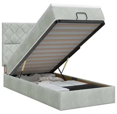 Immagine prodotto di Letto imbottito con contenitore e materasso grigio chiaro, dimensioni 90 x 190 cm, rivestito in velluto