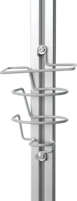 A close-up view of a metal bottle holder attached to a pole.