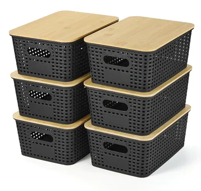 Obrázok produktu pre Omgoods – Súprava 6 plastových úložných boxov s bambusovým vekom