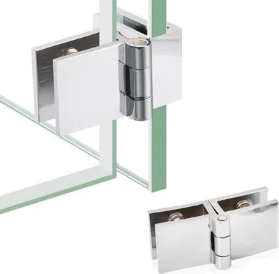 A product shot of glass hinges for shower doors, shown in two configurations.