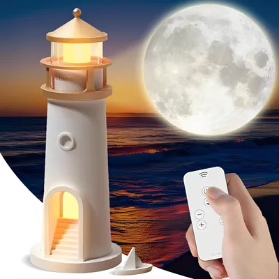 Produktbild von Leuchtturm Deko Nachtlicht, LED Mond Projektor Lampe Kinder Erwachsene Geschenk Schlafzimmer Wohnzimmer Beleuchtung Nachttischlampe Dekoleuchten