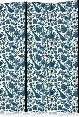 Productafbeelding van Drieluik, enkelzijdig, vliesbehang roomdivider - Rozenranken - Monochromatische blauwe vogels rustend tussen rozen, 135x172 cm, modelnummer: b-H-10044-z-a