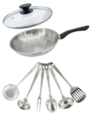 Produktbild von Topf-Set, 28 cm, aus Edelstahl, mit Glasdeckel und 6 Edelstahl-Küchenhelfern von Fackelmann Geneva