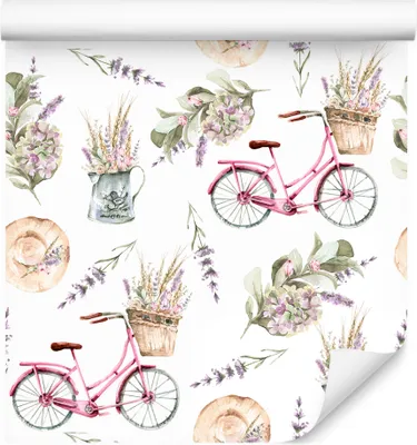 Produktbild von 10m VLIES TAPETE Rolle Kinderzimmer Blumen Lavendel Fahrrder Aquarell XXL