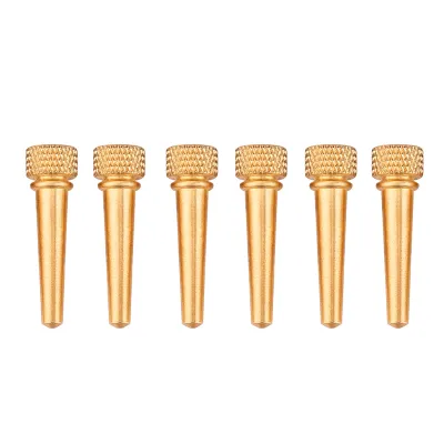 Six golden guitar bridge pins arranged in a row against a white background.