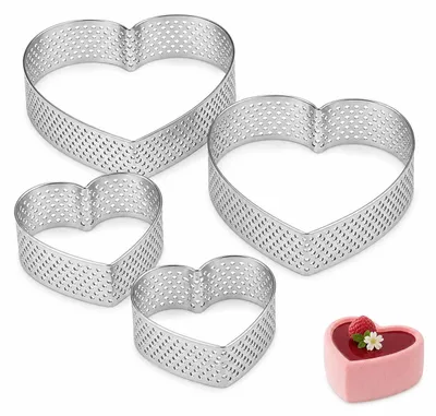 Productafbeelding van Hartvormige bakringen voor tartes - Microgeperforeerd, gemaakt van roestvrij staal 430 - Geschikt voor mousse, taarten, quiches en desserts - 4 stuks