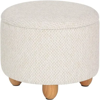 Image de Pouf de rangement avec plateau et pieds en bois massif | Blanc crème | 39x39x33 cm