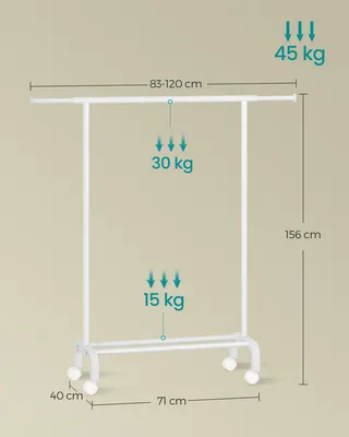 Obrázek produktu pro SONGMICS Věšák na oděvy na kolečkách, výsuvný, 40 x (83-120) x 156 cm, nosnost až 45 kg, bílý