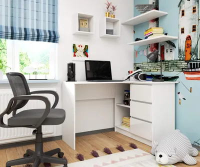 Immagine prodotto di Scrivania angolare da 124 cm con 3 cassetti, scrivania per computer a forma di L, mobile angolare a 2 scomparti