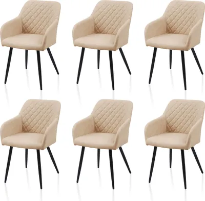 A set of six beige dining chairs with black legs, arranged in two rows of three.