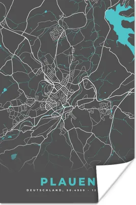 Produktbild von MuchoWow® Poster Stadtplan - Deutschland - Blau - Plauen - Karte 60x90 cm - Wanddekoration
