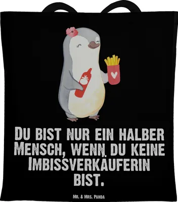Produktbild von Mr. & Mrs. Panda canvas tasche Imbissverkäuferin Herz - Schwarz - Geschenk, Pommesverkäuferin, Lustig, Stoffbeutel, Schultasche, Imibissverkäuferin, dokumententasche