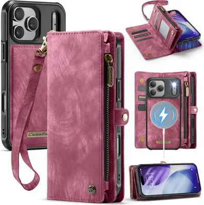 Produktbild von Schutzhülle für iPhone 17 Pro Max, Vintage Multifunktions Lederhülle, Kartenfächer, Reißverschluss Hülle Rot