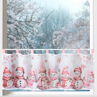 Produktbild von Heimtexland ® Scheibengardine Weihnachten Fensterdeko Schneemann rosa Weihnachtsgardine bedruckt Deko Gardine transparent 45x120 Winter Typ651