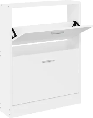 A white shoe cabinet with one drawer and one flip-down compartment.