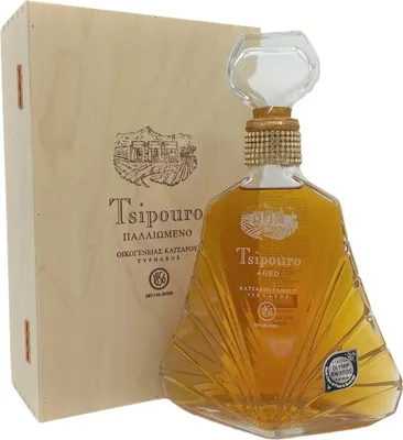 Produktbild von Tsipouro Tirnavou aged mit Holzbox 40% 0,7l Katsaros