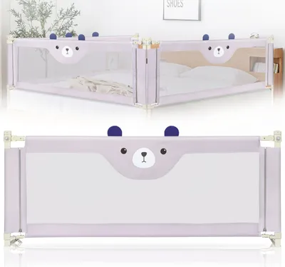 A collage showing a baby bed rail in use and a close-up of the product.