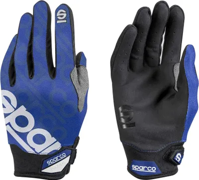 A pair of blue and black Sparco work gloves shown from the front and back.