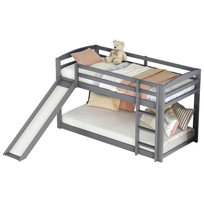 Produktbild von Etagenbett mit 2 Schlafgelegenheiten, Rutsche und 1 Lattenrost, 90x200 cm, Kinderbett mit Leiter und Rausfallschutz, Kiefer