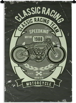 Produktbild von MuchoWow® Wandteppich Wandbehang Motorrad - Vintage - Illustration - Zitat 60x90 cm Tapisserie Dekoration Wandtuch - Foto-Teppich - Abwaschbar