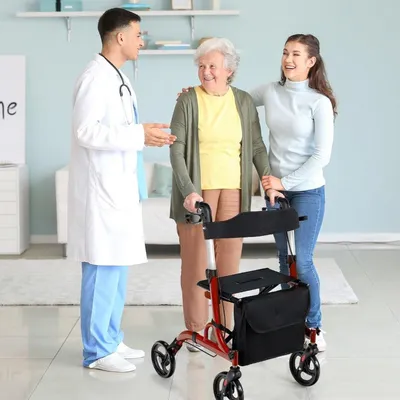 Produktbild von 2 in 1 Reiserollator mit Sitz &Tasche & Stockhalter Faltbar & Leicht Rot