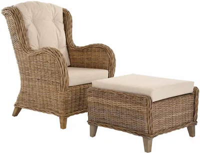 Zdjęcie produktu dla KRINES HOME Ekskluzywny fotel do czytania Birmingham wygodny fotel rattanowy zestaw mebli rattanowych fotel skrzydłowy ze stołkiem naturalny szary