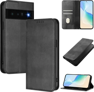 Produktbild von Handyhülle für Google Pixel 6 Pro, Vintage Leder RFID Schutz Kartenfach Standfunktion Magnetische Klapphülle Schwarz