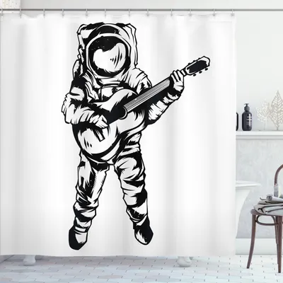 Produktbild von ABAKUHAUS Astronaut Duschvorhang, Cooler Astronaut, der mit Gitarren-Skizze-Kunst-Musik-Wissenschafts-Bildungs-Druck staut, 175 x 200 cm, Schwarz