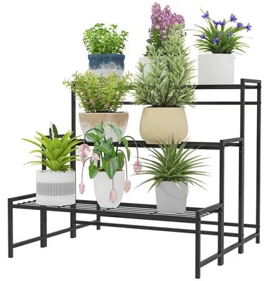 Productafbeelding van Plantenstandaard met 3 niveaus – bloempotrek | Kleur: zwart | Afmetingen: 70x75x66 cm