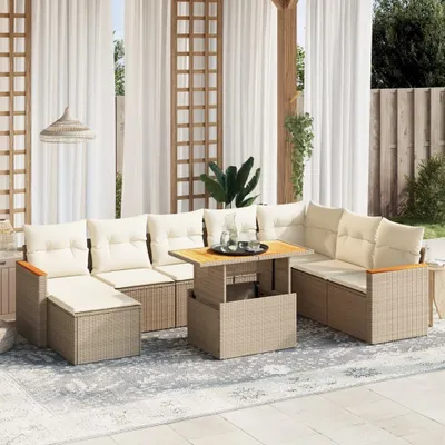 Produktbild von Design 9-tlg. Garten-Sofagarnitur mit Kissen Beige Poly Rattan, Gartenmöbel-Sets 2024 Neu