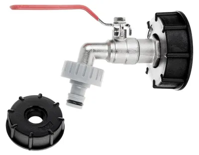 Image de Kit de robinet de vidange Garronda IBC S60x6 avec adaptateur fileté mâle 3/4 pouce vers 1 pouce pour réservoir IBC et citerne d'eau de pluie, avec raccord rapide pour un écoulement contrôlé de l'eau GD-0211